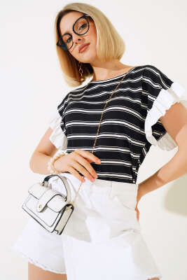 Çizgili Kol Fırfırlı T-shirt Siyah 