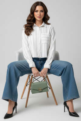 Çizgili Kol Katlamalı Kısa Gömlek Beyaz Gri 