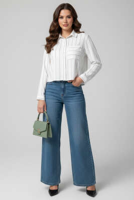 Çizgili Kol Katlamalı Kısa Gömlek Beyaz Gri - Kadın Giyim Modelleri