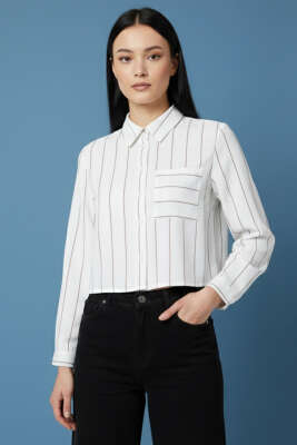 Çizgili Kol Katlamalı Kısa Gömlek Beyaz Kahve 