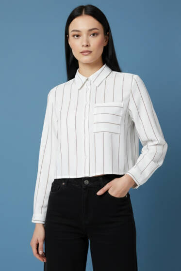 Çizgili Kol Katlamalı Kısa Gömlek Beyaz Kahve - Kadın Giyim Modelleri