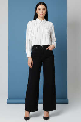 Çizgili Kol Katlamalı Kısa Gömlek Beyaz Kahve - Kadın Giyim Modelleri