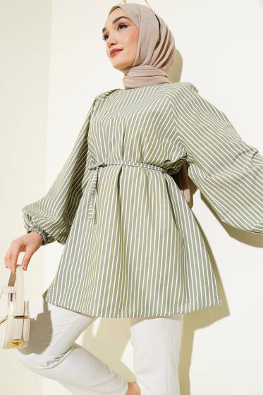 Çizgili Kol Lastikli Tunik Haki - Tunik