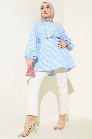 Çizgili Kol Lastikli Tunik Mavi - Tunik