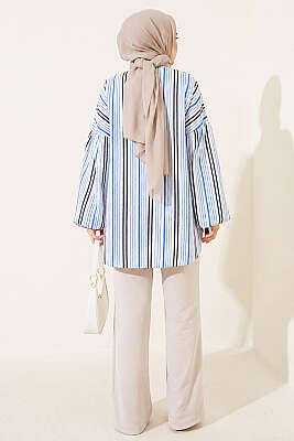 Çizgili Kol Nervürlü Gömlek Saks - Gömlek