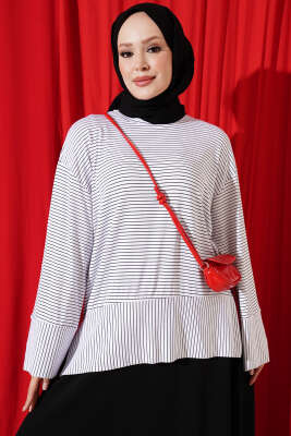 Çizgili Kolları Yırtmaçlı Tunik Beyaz - Tunik