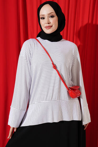 Çizgili Kolları Yırtmaçlı Tunik Beyaz - Tunik