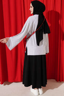 Çizgili Kolları Yırtmaçlı Tunik Beyaz - Tunik
