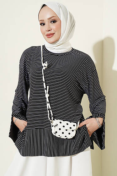 Çizgili Kolları Yırtmaçlı Tunik Siyah - Tunik
