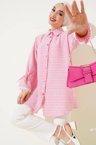 Çizgili Kolu Tünelli Gofre Gömlek Fuşya - Gömlek