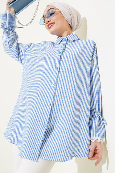 Çizgili Kolu Tünelli Gofre Gömlek İndigo - Gömlek