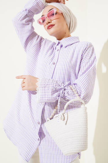 Çizgili Kolu Tünelli Gofre Gömlek Lila - Gömlek