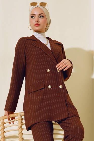 Çizgili Krep Ceket Kahve - Ceket