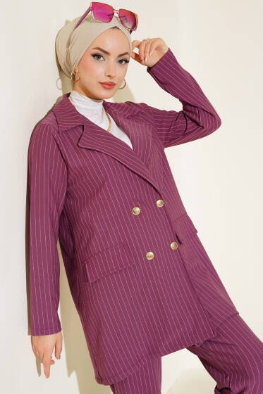 Çizgili Krep Ceket Magenta - Ceket
