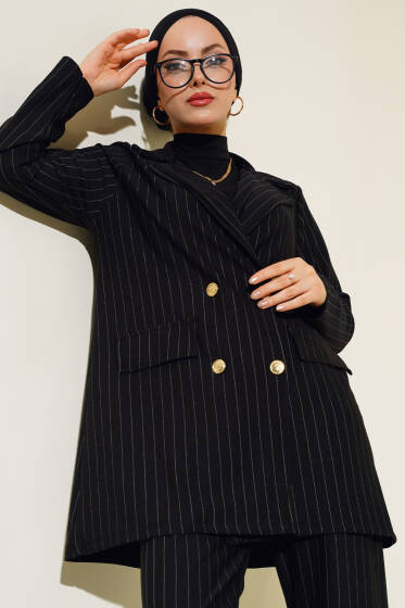 Çizgili Krep Ceket Siyah - Ceket