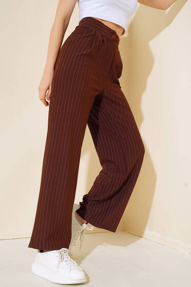 Çizgili Krep Salaş Pantolon Kahve - Yılın Fırsatı