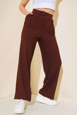 Çizgili Krep Salaş Pantolon Kahve - Yılın Fırsatı