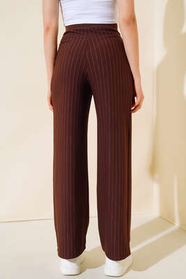 Çizgili Krep Salaş Pantolon Kahve - Yılın Fırsatı