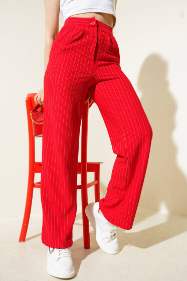 Çizgili Krep Salaş Pantolon Kırmızı - Kadın Giyim Modelleri
