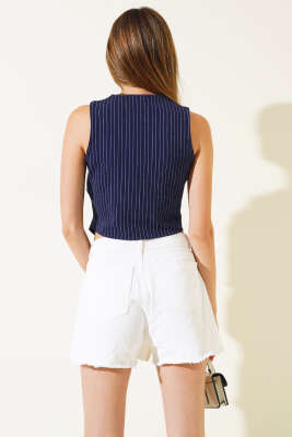 Çizgili Krep Yelek Lacivert - Kadın Giyim Modelleri