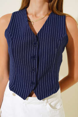 Çizgili Krep Yelek Lacivert - Kadın Giyim Modelleri