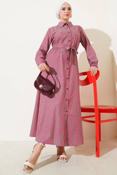 Çizgili Kuşaklı Elbise Bordo - Elbise