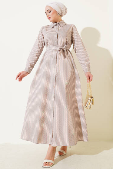 Çizgili Kuşaklı Elbise Latte - Elbise