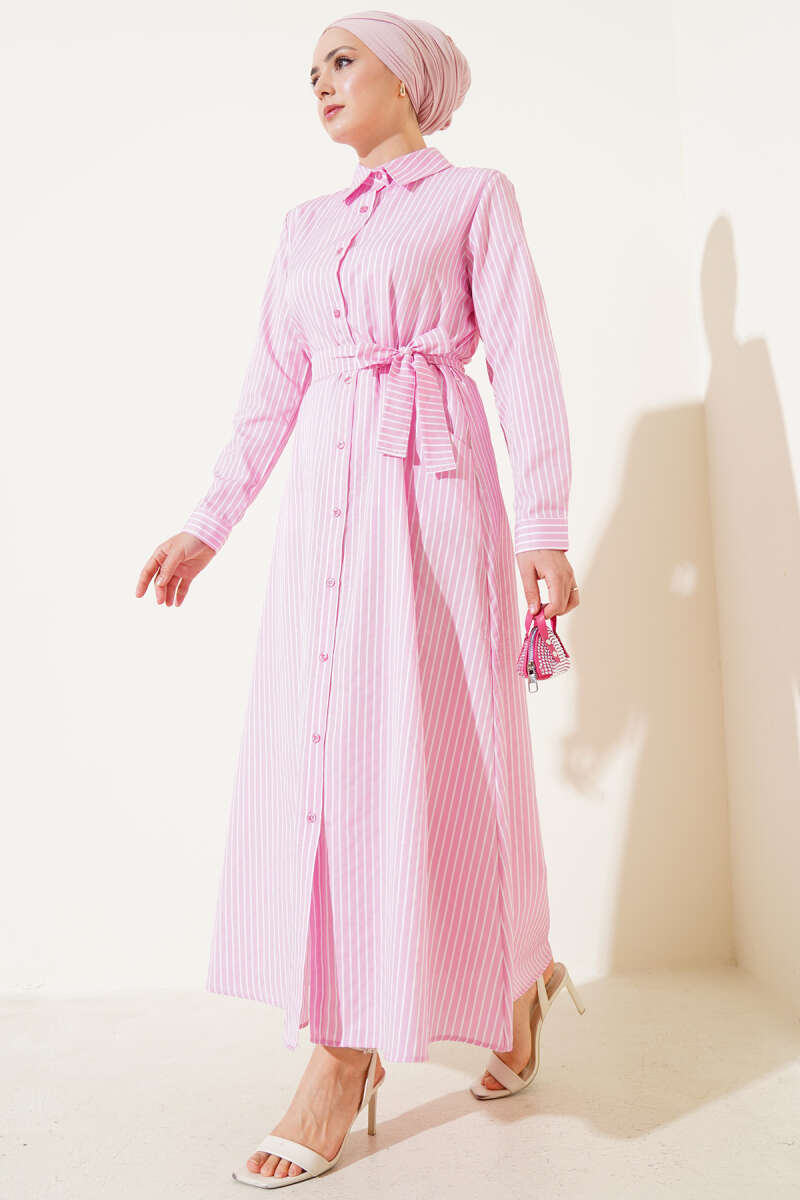 Çizgili Kuşaklı Elbise Pembe