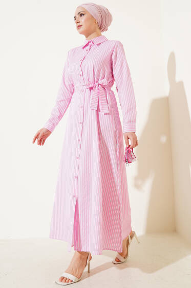 Çizgili Kuşaklı Elbise Pembe - 300-500 TL Ürünler