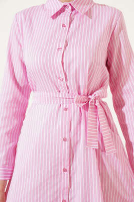 Çizgili Kuşaklı Elbise Pembe - 300-500 TL Ürünler