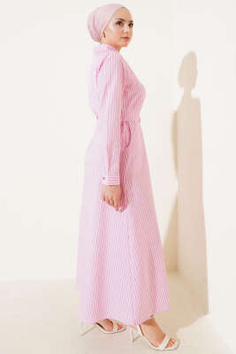 Çizgili Kuşaklı Elbise Pembe - Tesettür Elbise