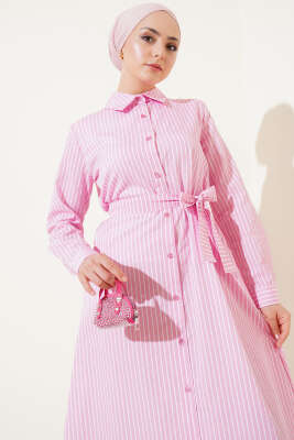 Çizgili Kuşaklı Elbise Pembe - Tesettür Elbise
