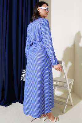 Çizgili Kuşaklı Elbise Saks - Tesettür Elbise
