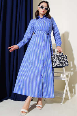 Çizgili Kuşaklı Elbise Saks