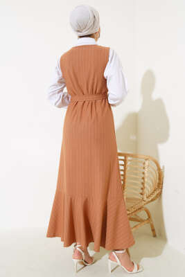 Çizgili Kuşaklı Jile Elbise Camel - Tesettür Elbise
