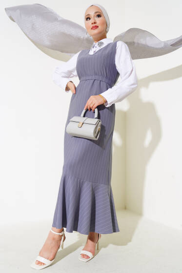 Çizgili Kuşaklı Jile Elbise Gri - Elbise