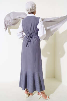 Çizgili Kuşaklı Jile Elbise Gri - Tesettür Elbise