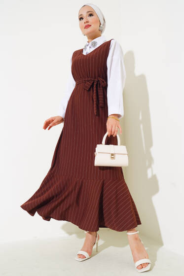 Çizgili Kuşaklı Jile Elbise Kahve - Elbise