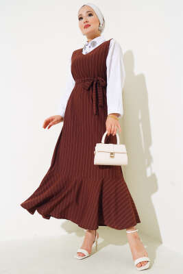 Çizgili Kuşaklı Jile Elbise Kahve 