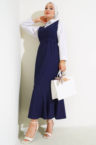 Çizgili Kuşaklı Jile Elbise Lacivert - Elbise