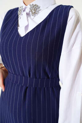 Çizgili Kuşaklı Jile Elbise Lacivert - Tesettür Elbise