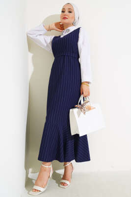 Çizgili Kuşaklı Jile Elbise Lacivert 