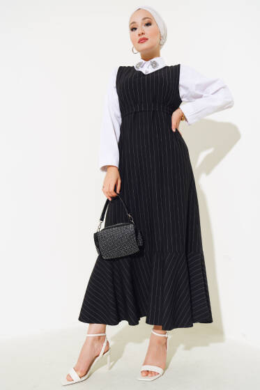 Çizgili Kuşaklı Jile Elbise Siyah - Elbise