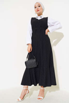 Çizgili Kuşaklı Jile Elbise Siyah - Tesettür Elbise