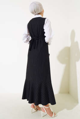 Çizgili Kuşaklı Jile Elbise Siyah - Tesettür Elbise