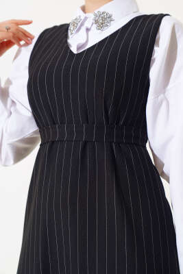 Çizgili Kuşaklı Jile Elbise Siyah - Tesettür Elbise