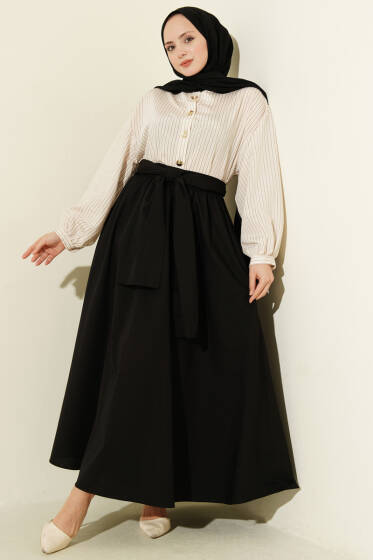 Çizgili Kuşaklı Poplin İkili Takım Siyah - İkili Takım