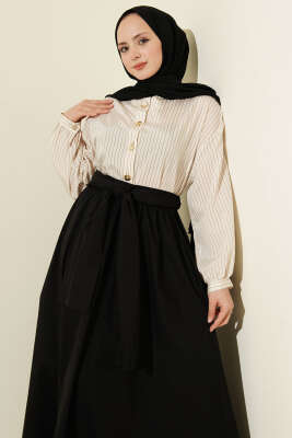 Çizgili Kuşaklı Poplin İkili Takım Siyah - İkili Takım