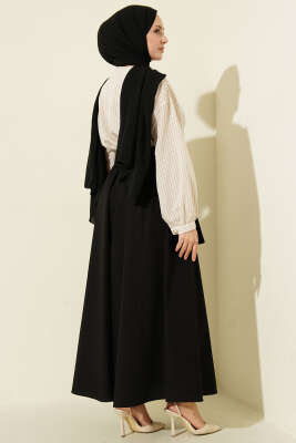 Çizgili Kuşaklı Poplin İkili Takım Siyah - İkili Takım