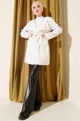 Çizgili Kuşaklı Uzun Hırka Beyaz Yeşil - Hırka